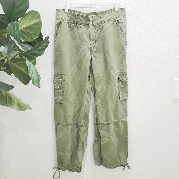 Anthropologie Green Tencel Linen Blend Utility Cargo Pants Size 10 Petite - Picture 1 of 8